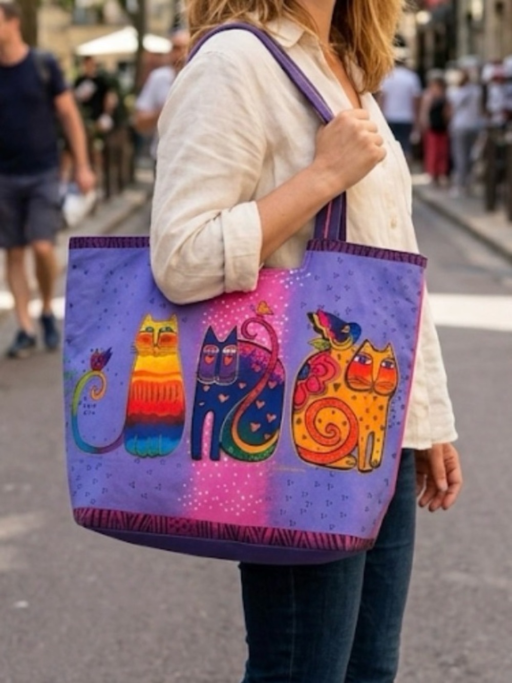 Laurel Burch "Whiskers" canvas tote bag! The artwork with stylized cats
